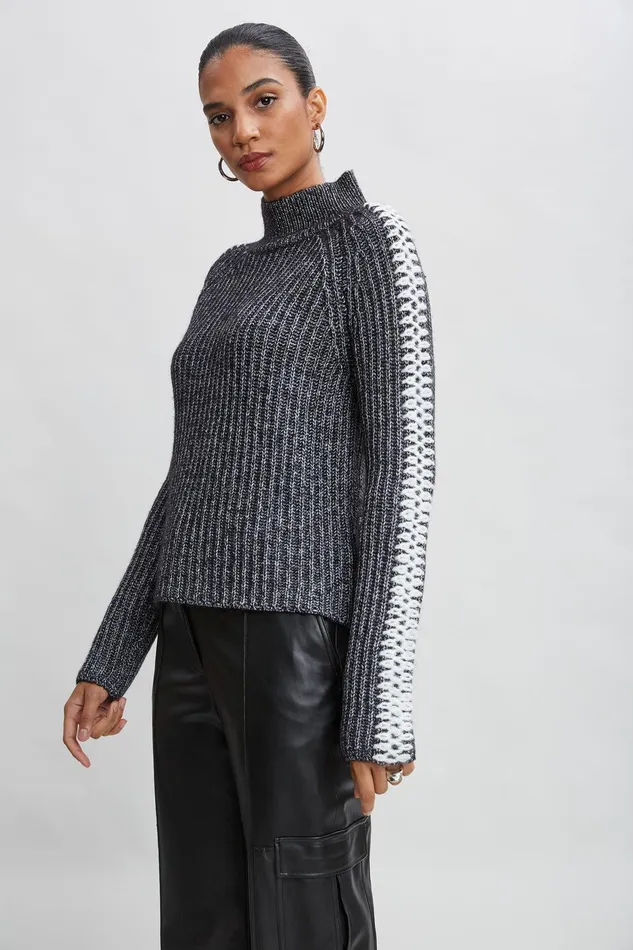 Elie Tahari Whipstitch Cotton Wool Sweater Black Melange Women Tops