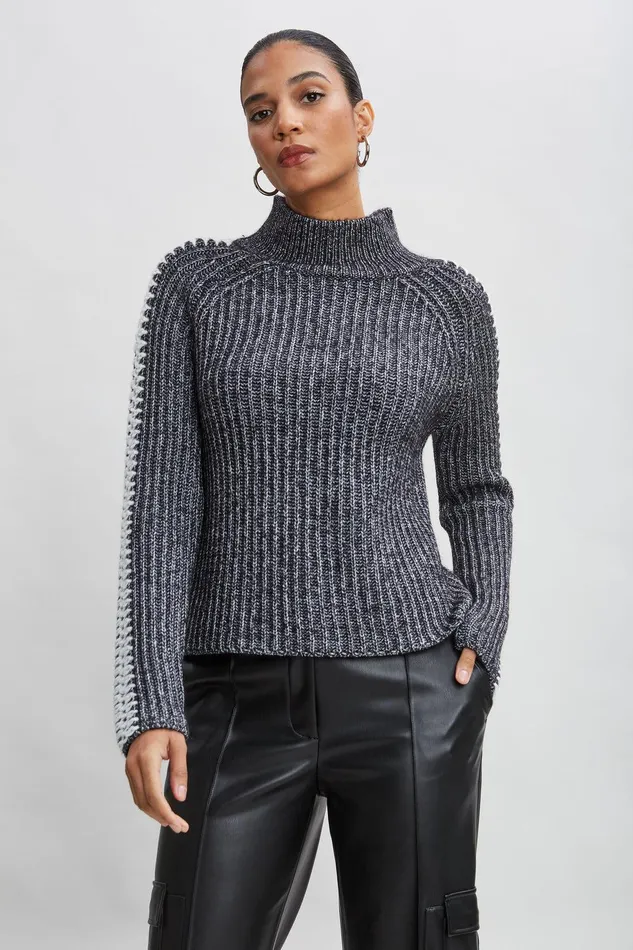 Elie Tahari Whipstitch Cotton Wool Sweater Black Melange Women Tops