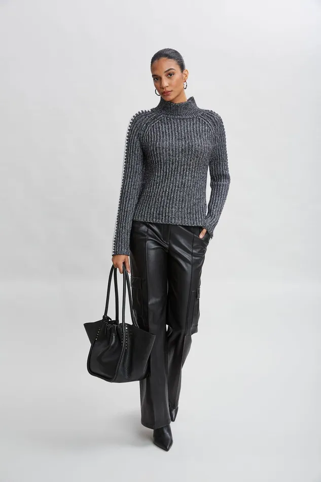 Elie Tahari Whipstitch Cotton Wool Sweater Black Melange Women Tops