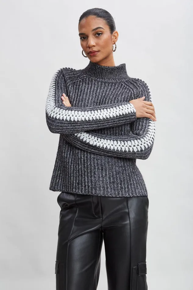 Elie Tahari Whipstitch Cotton Wool Sweater Black Melange Women Tops