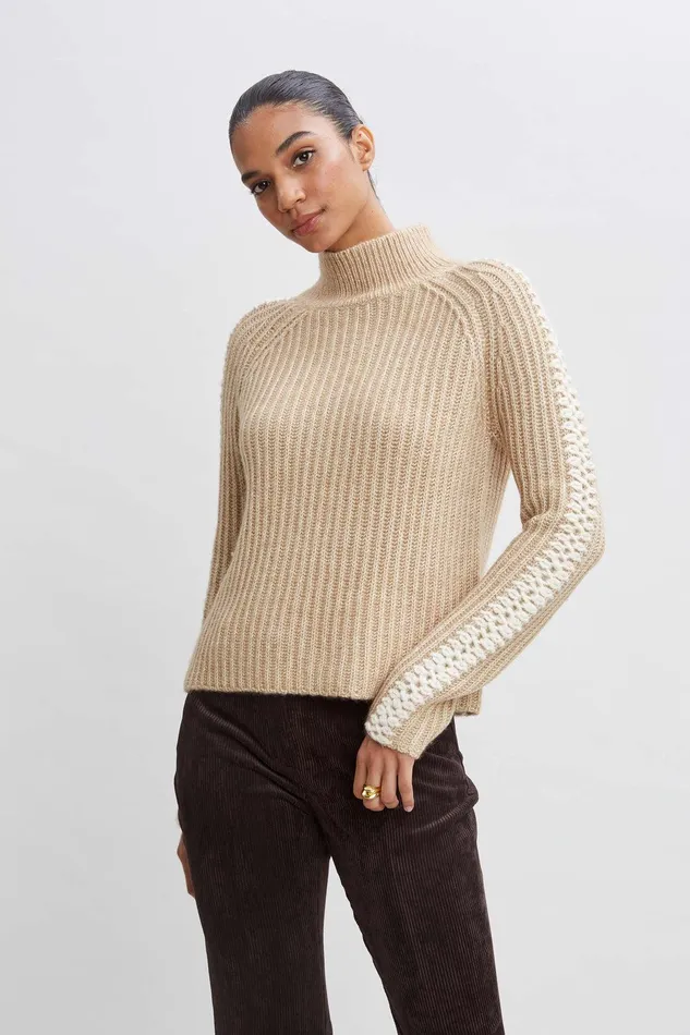 Elie Tahari Whipstitch Cotton Wool Sweater Toffee Melange Women Tops