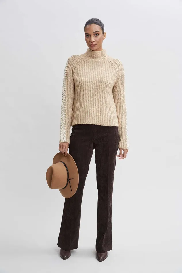 Elie Tahari Whipstitch Cotton Wool Sweater Toffee Melange Women Tops