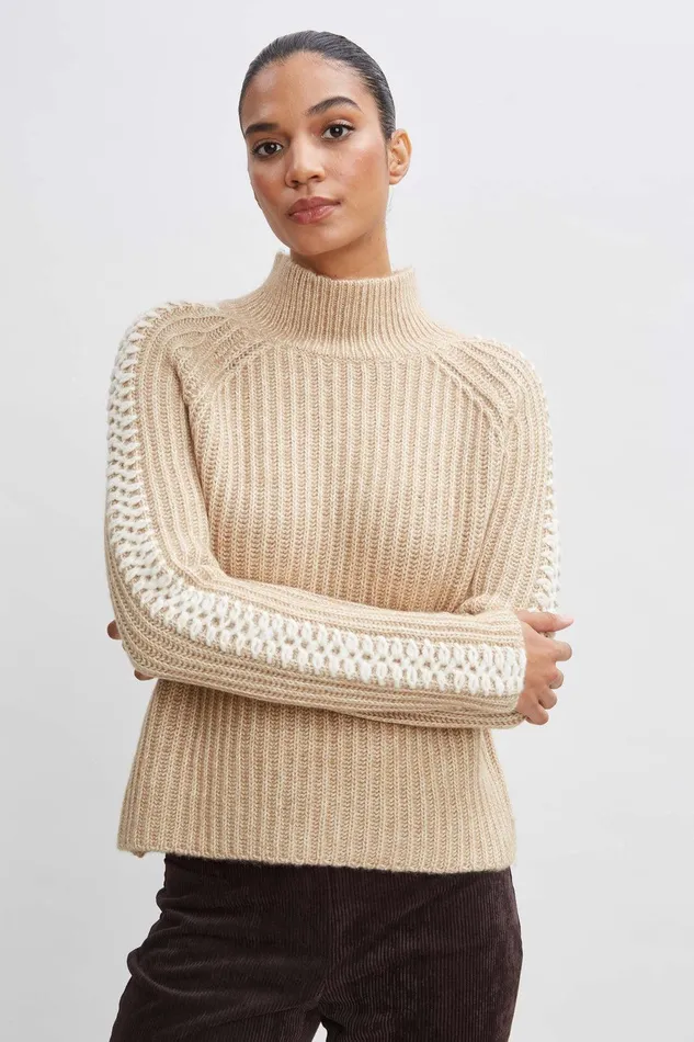 Elie Tahari Whipstitch Cotton Wool Sweater Toffee Melange Women Tops
