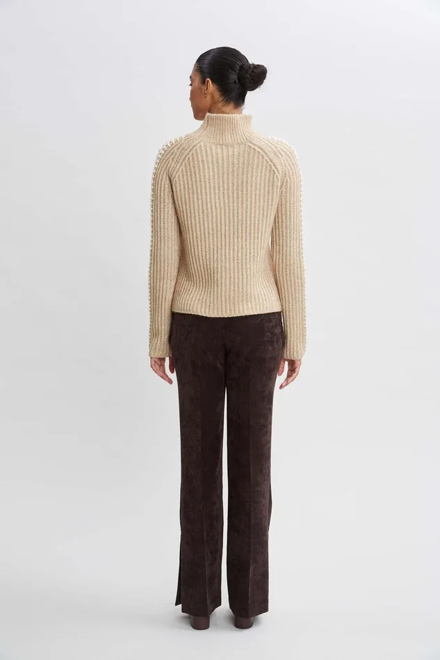 Elie Tahari Whipstitch Cotton Wool Sweater Toffee Melange Women Tops