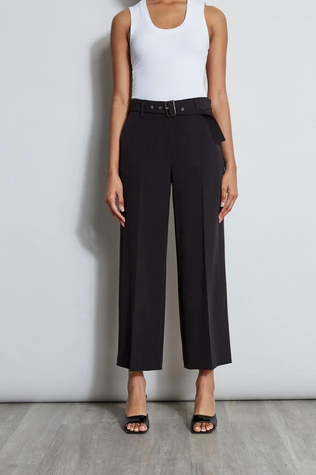 Elie Tahari Wide Leg Cropped Belted Pant Noir Women Bottoms