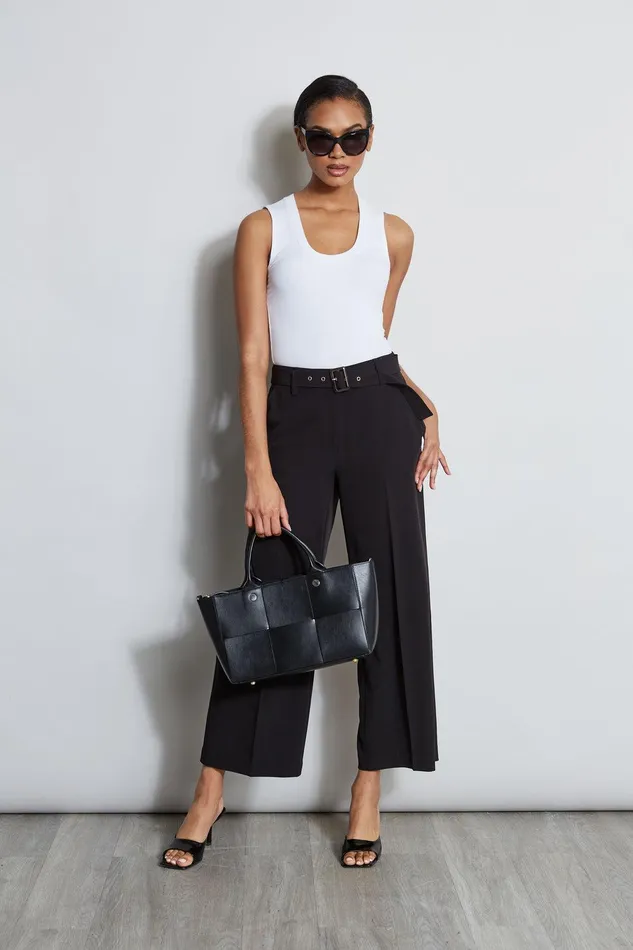 Elie Tahari Wide Leg Cropped Belted Pant Noir Women Bottoms
