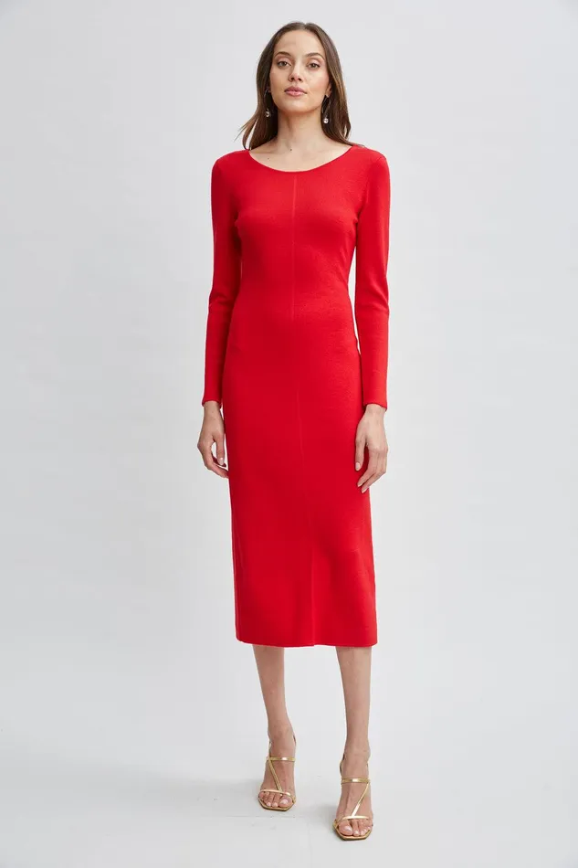 Elie Tahari Wool Draped Chain Sweater Dress Ruby Red Women Dresses and Jumpsuits Elie Tahari Wool Draped Chain Sweater Dress Ruby Red Women Dresses and Jumpsuits