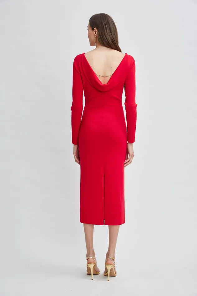 Elie Tahari Wool Draped Chain Sweater Dress Ruby Red Women Dresses and Jumpsuits