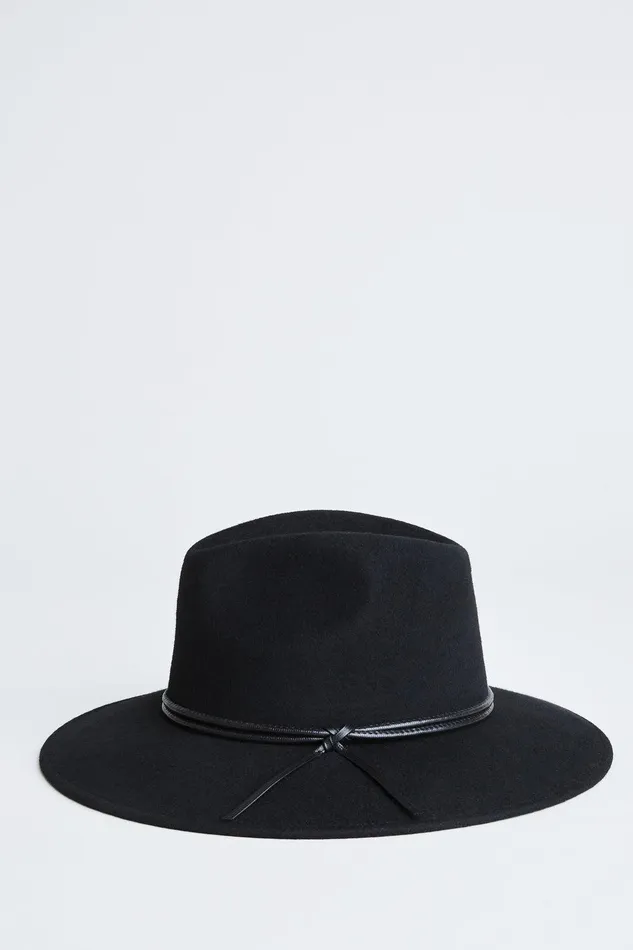 Elie Tahari Wool Wide Brim Leather Trim Fedora Hat Black Women Handbags