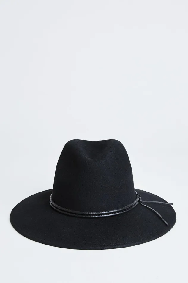 Elie Tahari Wool Wide Brim Leather Trim Fedora Hat Black Women Handbags