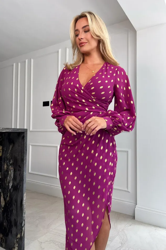 Elsa Orchid Foil Wrap Asymmetric Dress Women Girl In Mind Long Sleeve Dresses