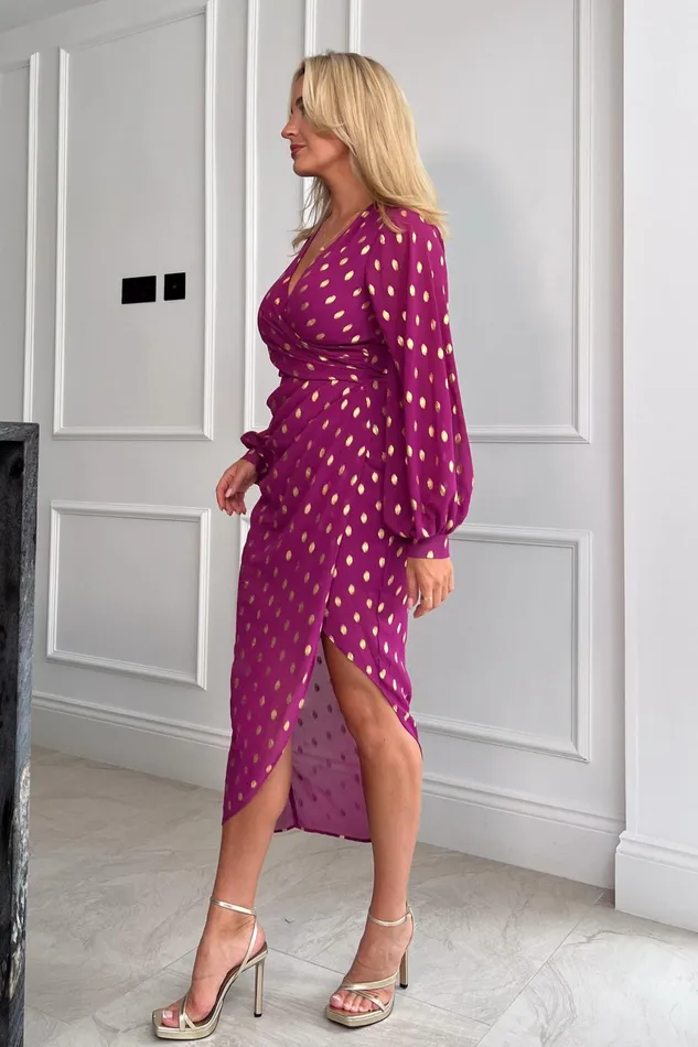 Elsa Orchid Foil Wrap Asymmetric Dress Women Girl In Mind Long Sleeve Dresses
