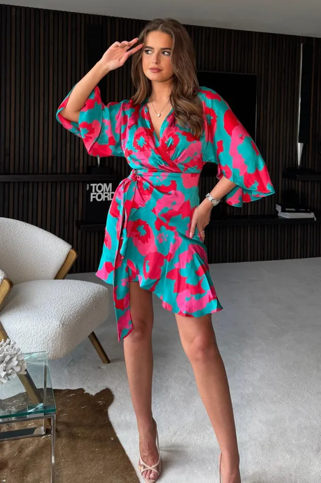 Elsie Blue Pink Print Wrap Over Mini Dress Women Girl In Mind Shirt Dresses