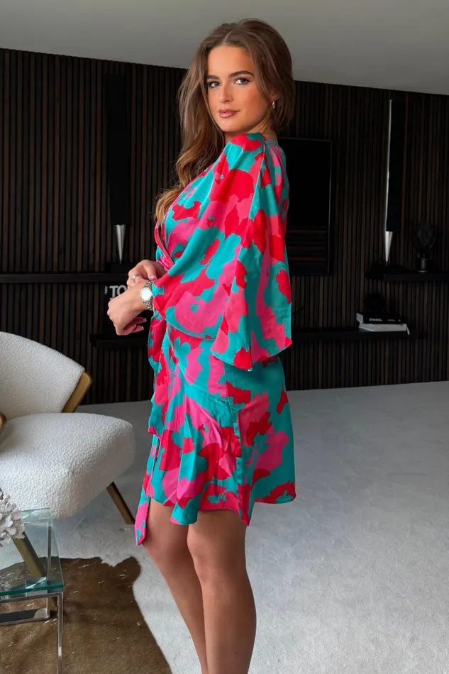 Elsie Blue Pink Print Wrap Over Mini Dress Women Girl In Mind Shirt Dresses