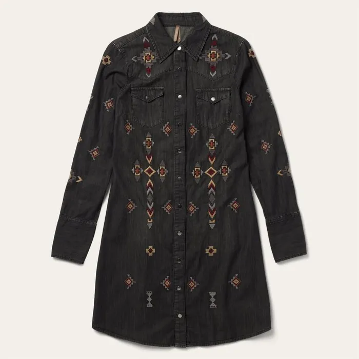Embroidered Black Denim Shirt Dress Black Women Stetson Shirt Dresses