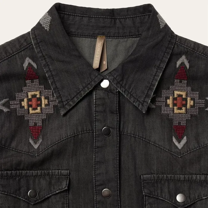 Embroidered Black Denim Shirt Dress Black Women Stetson Shirt Dresses