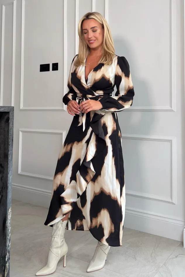 Erin Animal Long Sleeve Split Hem Frill Detail Maxi Dress Women Girl In Mind Wrap Dresses
