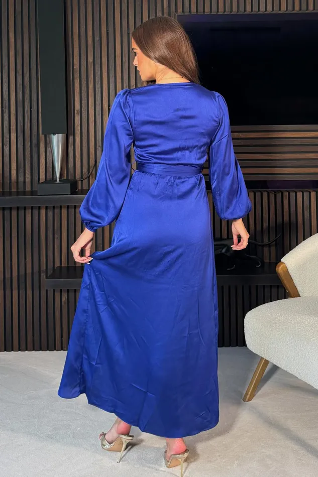 Erin Cobalt Long Sleeve Split Hem Frill Detail Maxi Dress Women Girl In Mind Long Sleeve Dresses
