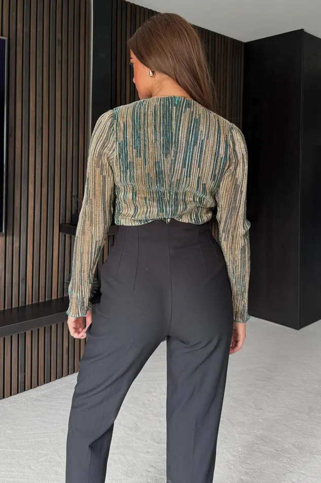 Eva Metalic Plisse Wrap Front Bodysuit Women Girl In Mind Tops and Bodysuits