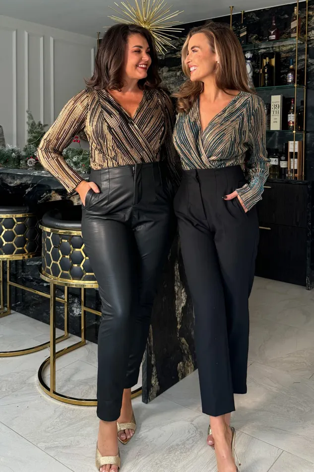 Eva Metalic Plisse Wrap Front Bodysuit Women Girl In Mind Tops and Bodysuits