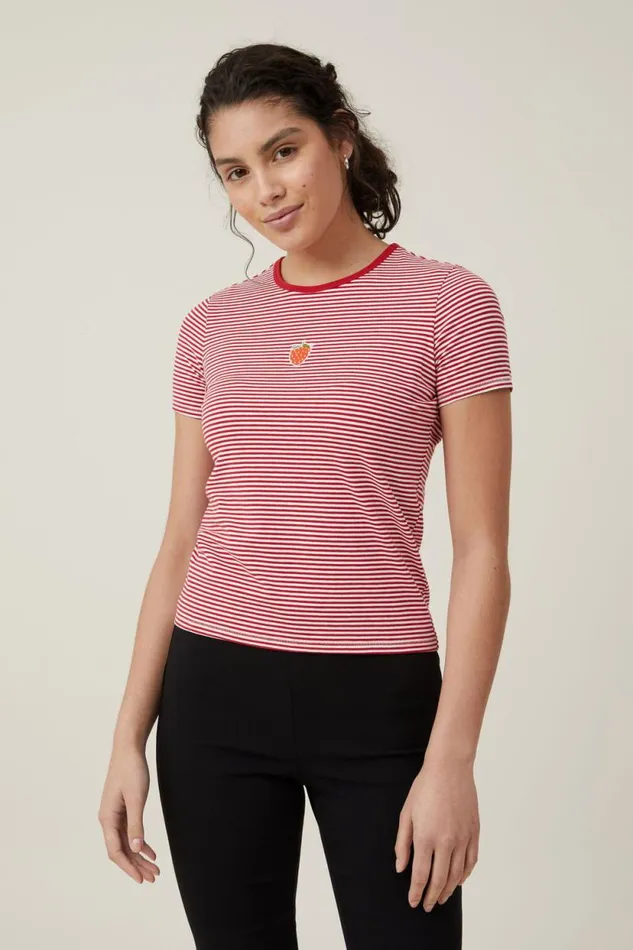 Fitted Graphic Longline Tee Berry Red White Stripe Women Cotton On Tops