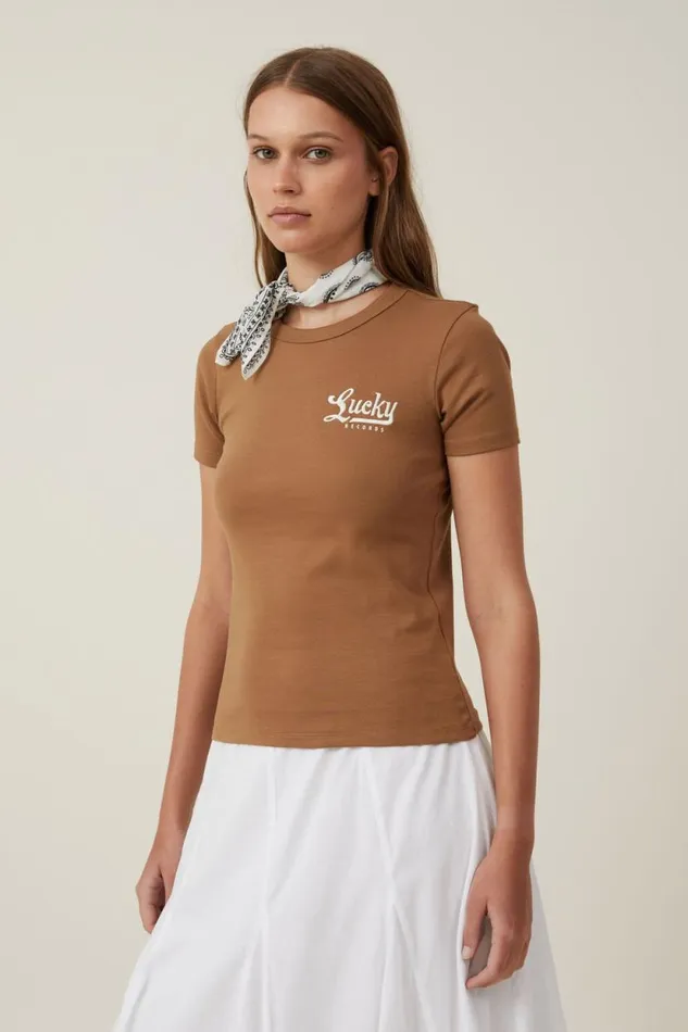 Fitted Rib Graphic Longline Tee Lucky Records Pinecone Women Cotton On Tops