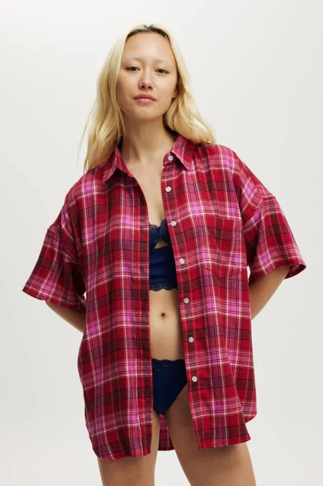Flannel Boyfriend Short Sleeve Shirt Silvie Check Pink Women Cotton On Pajamas Flannel Boyfriend Short Sleeve Shirt Silvie Check Pink Women Cotton On Pajamas