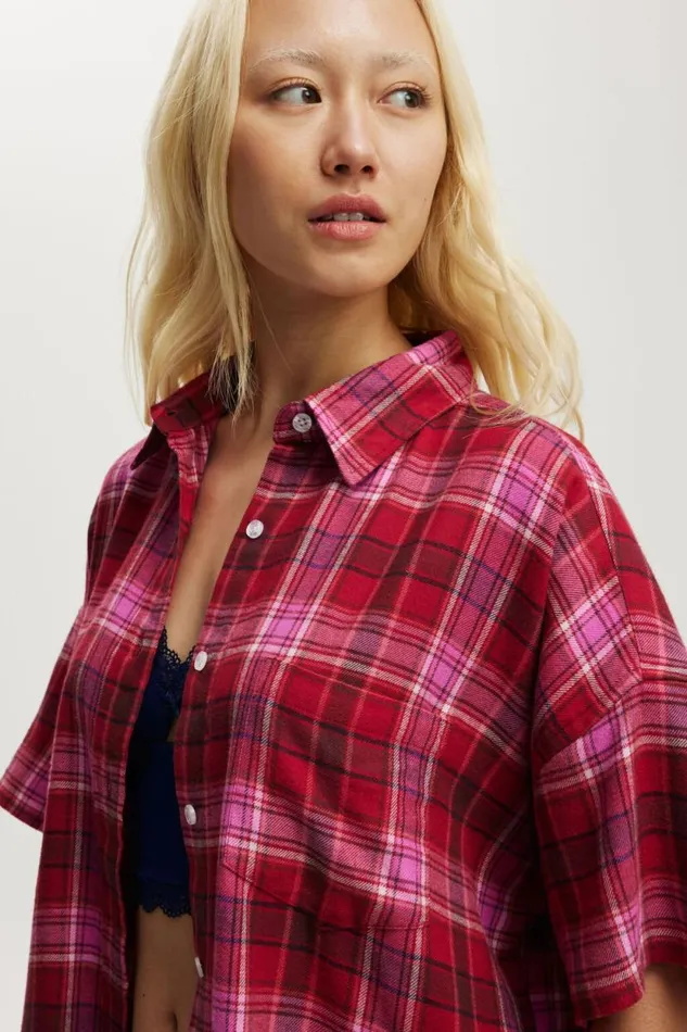 Flannel Boyfriend Short Sleeve Shirt Silvie Check Pink Women Cotton On Pajamas Flannel Boyfriend Short Sleeve Shirt Silvie Check Pink Women Cotton On Pajamas