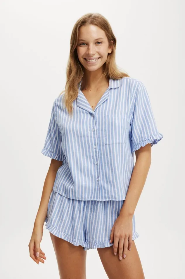 Flannel Short Sleeve Shirt And Short Sleep Set Blueberrywhitelilac Stripe Women Cotton On Pajamas Flannel Short Sleeve Shirt And Short Sleep Set Blueberrywhitelilac Stripe Women Cotton On Pajamas