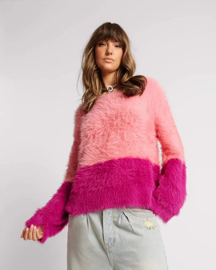 FLUFFY COLOUR BLOCK SWEATER Women One Teaspoon Knitwear