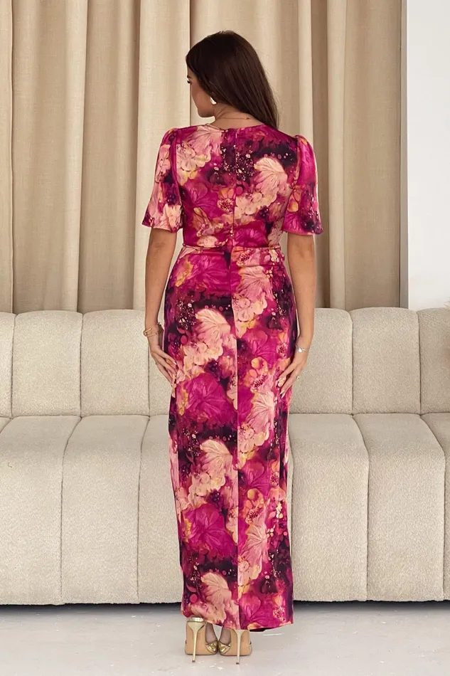Genevieve Wrap Front Angel Sleeve Maxi Dress In Pink Floral Women Girl In Mind Wrap Dresses