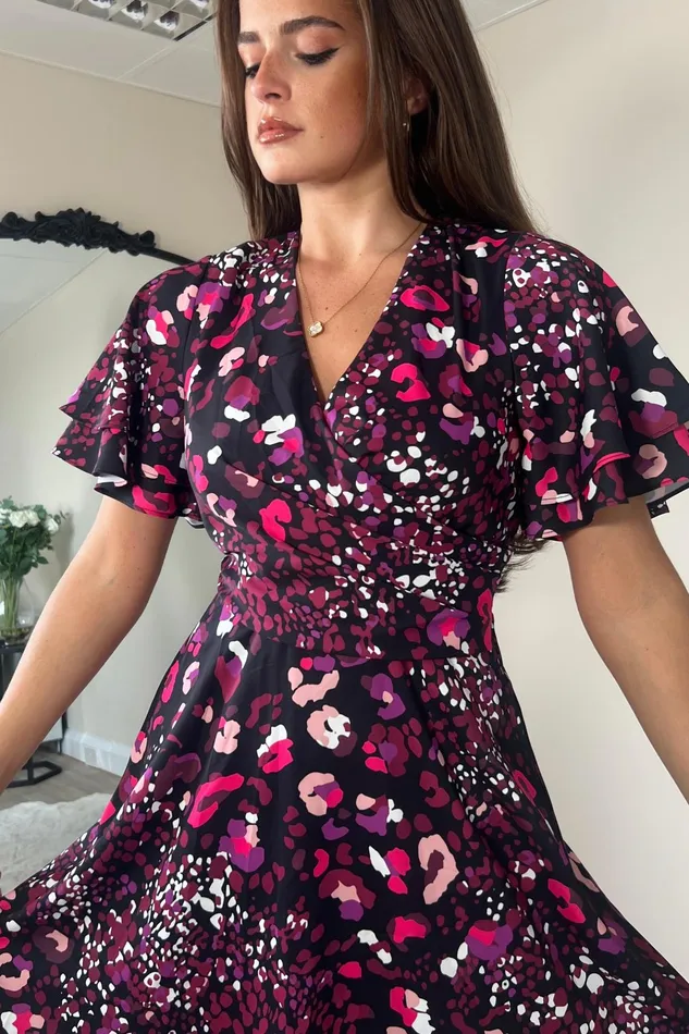 Gigi Angel Sleeve Wrap Front Mini Dress Purple Animal Women Girl In Mind Mini Dresses