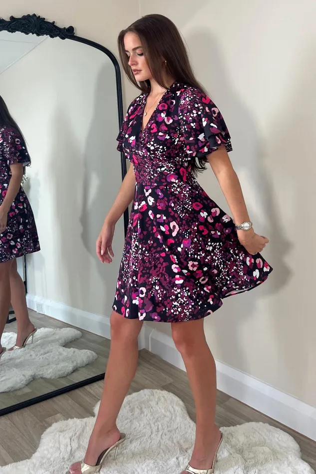 Gigi Angel Sleeve Wrap Front Mini Dress Purple Animal Women Girl In Mind Mini Dresses