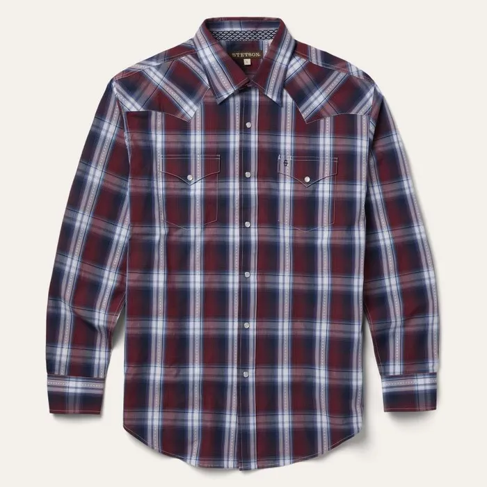 Good Luck Plaid Western Shirt Wine Men Stetson Classic Cut