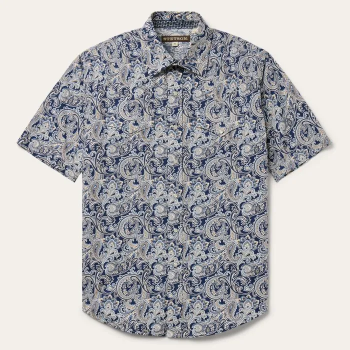 Greenspring Paisley Short Sleeve Western Shirt Blue Men Stetson Classic Cut