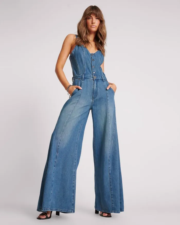 GRITTY BLUE FREIDA FIT N FLARE DENIM JUMPSUIT Women One Teaspoon Denim Jumpsuits GRITTY BLUE FREIDA FIT N FLARE DENIM JUMPSUIT Women One Teaspoon Denim Jumpsuits