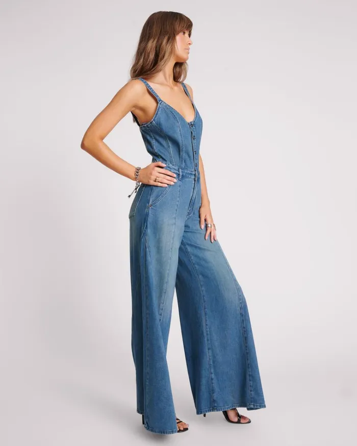 GRITTY BLUE FREIDA FIT N FLARE DENIM JUMPSUIT Women One Teaspoon Denim Jumpsuits GRITTY BLUE FREIDA FIT N FLARE DENIM JUMPSUIT Women One Teaspoon Denim Jumpsuits