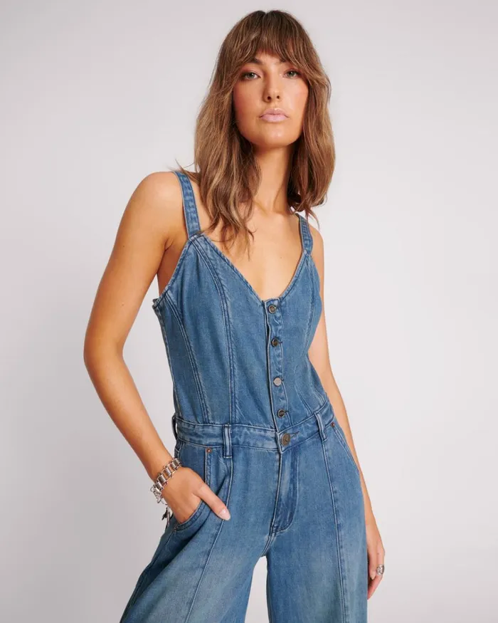 GRITTY BLUE FREIDA FIT N FLARE DENIM JUMPSUIT Women One Teaspoon Denim Jumpsuits GRITTY BLUE FREIDA FIT N FLARE DENIM JUMPSUIT Women One Teaspoon Denim Jumpsuits