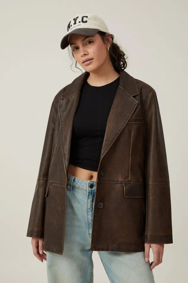 Hailey Faux Leather Blazer Washed Brown Women Cotton On Jackets