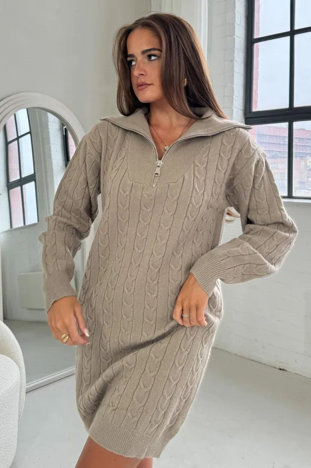 Hayes 14 Zip Camel Cable Knit Jumper Dress Women Girl In Mind Knitwear