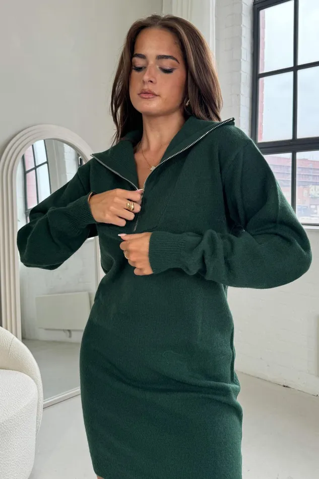 Hayes 14 Zip Green Knit Jumper Dress Women Girl In Mind Knitwear