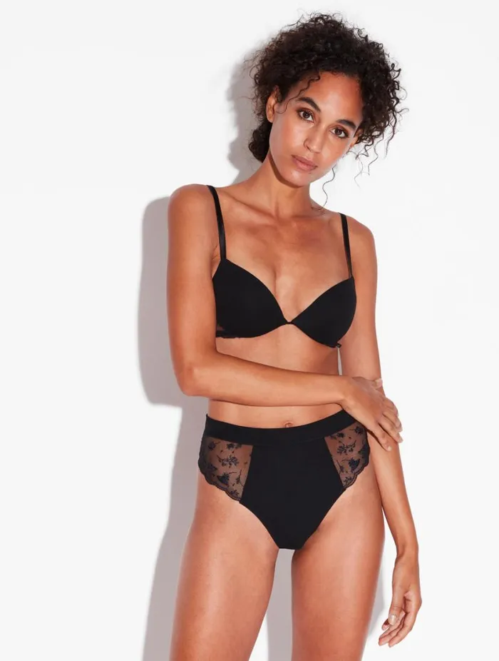 High Waisted Briefs In Onyx With Embroidered Tulle Lingerie La Perla Highwaist