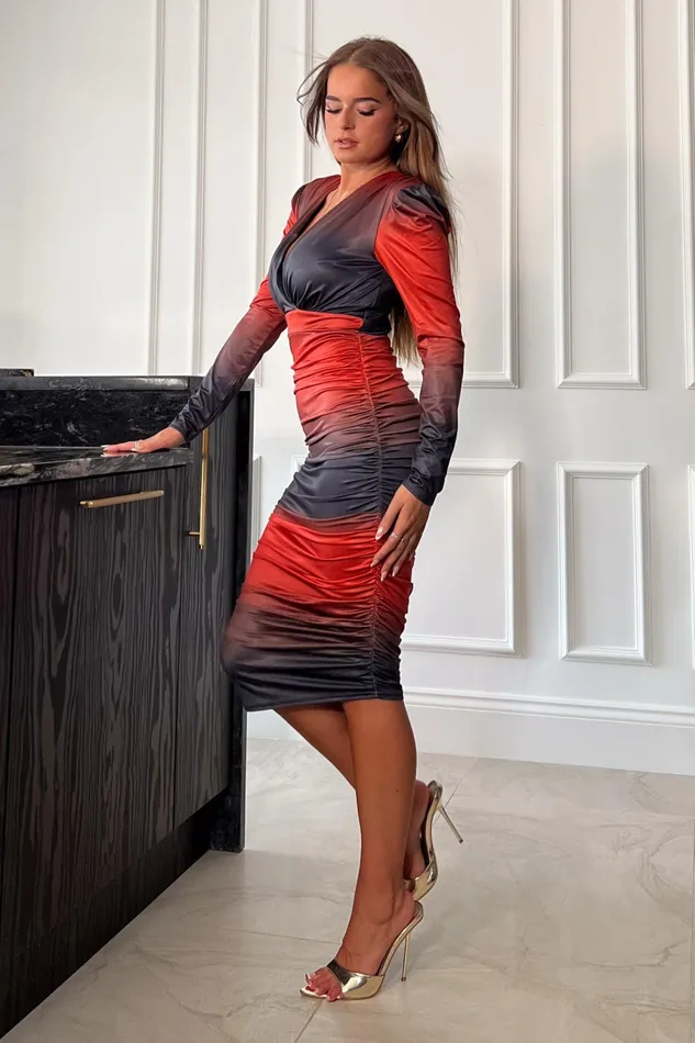India Orange Ombre Long Sleeve Ruched Midi Dress Women Girl In Mind Long Sleeve Dresses