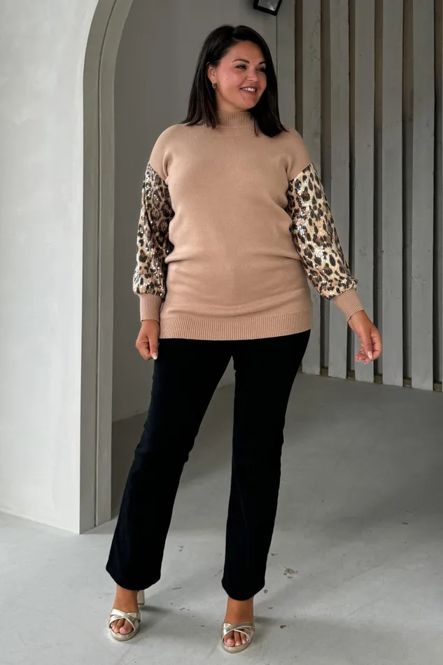 Inez Camel Knit Sequin Leopard Sleeve Jumper Dress Women Girl In Mind Knitwear