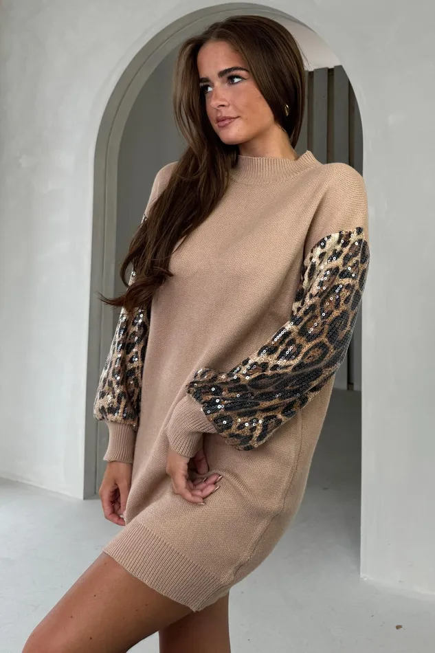 Inez Camel Knit Sequin Leopard Sleeve Jumper Dress Women Girl In Mind Knitwear