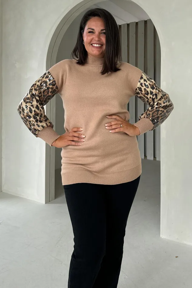 Inez Camel Knit Sequin Leopard Sleeve Jumper Dress Women Girl In Mind Knitwear