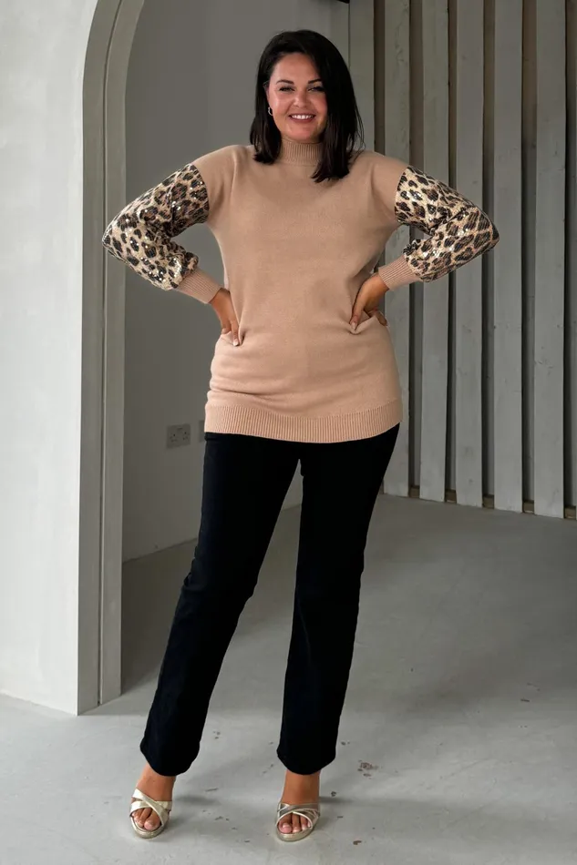 Inez Camel Knit Sequin Leopard Sleeve Jumper Dress Women Girl In Mind Knitwear