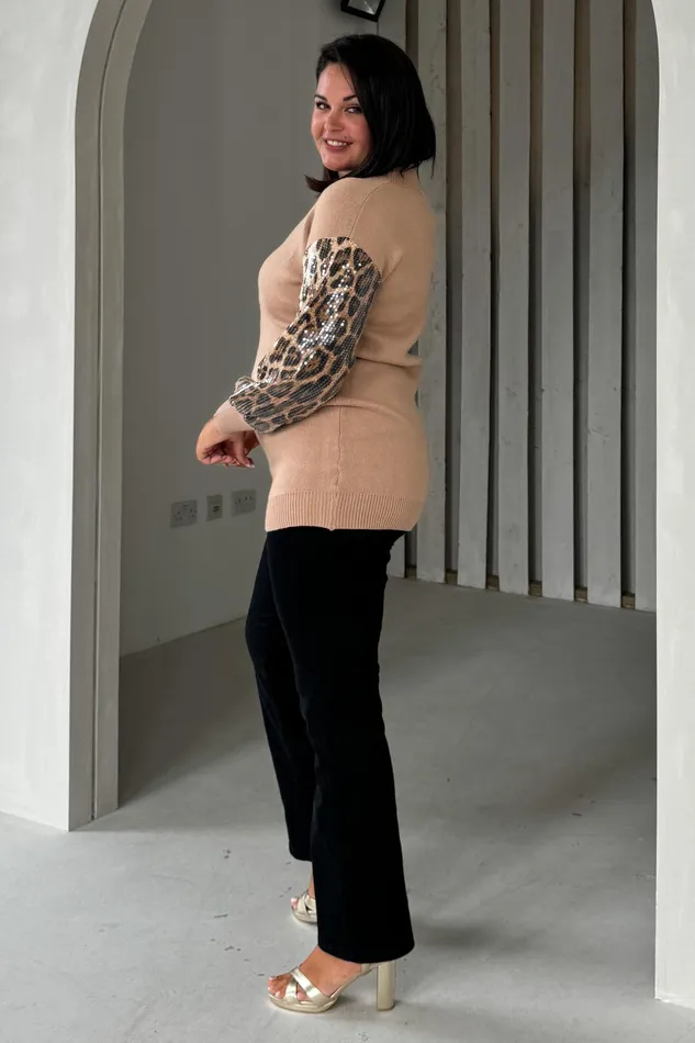 Inez Camel Knit Sequin Leopard Sleeve Jumper Dress Women Girl In Mind Knitwear
