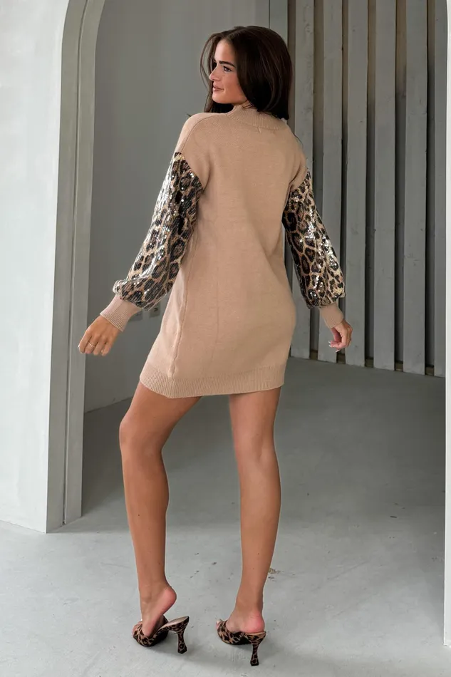 Inez Camel Knit Sequin Leopard Sleeve Jumper Dress Women Girl In Mind Knitwear