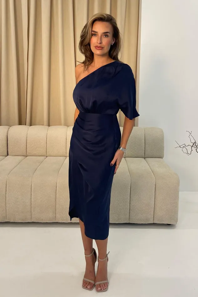 Ira One Shoulder Navy Satin Wrap Skirt Midi Dress Women Girl In Mind Midi Dresses Ira One Shoulder Navy Satin Wrap Skirt Midi Dress Women Girl In Mind Midi Dresses